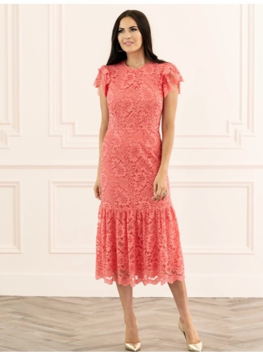 Anthropologie Coral Lace Flutter-Hem Midi Dress
